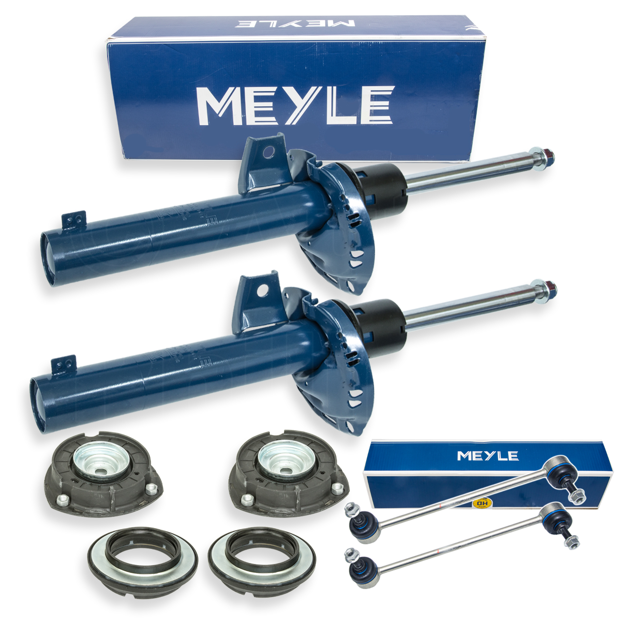 2x MEYLE Stoßdämpfer + Domlager + Koppelstange vorne Stossdämpfer Vorderachse