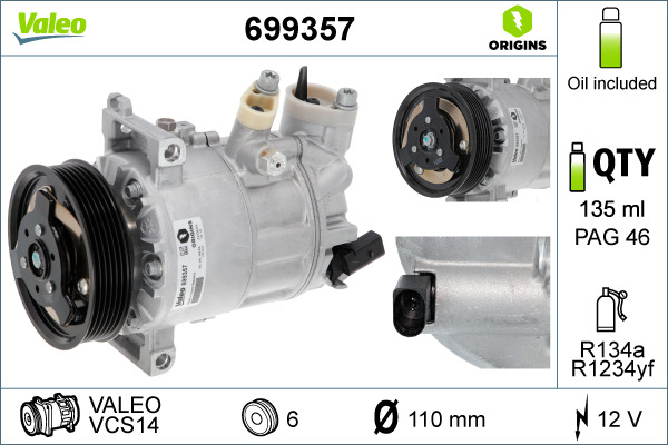 VALEO 699357 Kompressor, Klimaanlage VALEO ORIGINS NEW OE TECHNOLOGIE