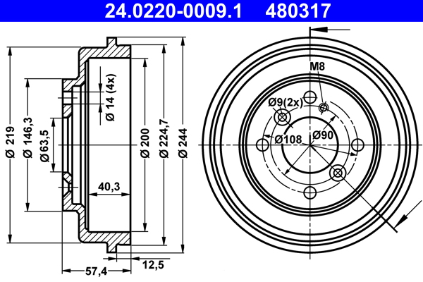 ATE 24.0220-0009.1 Bremstrommel