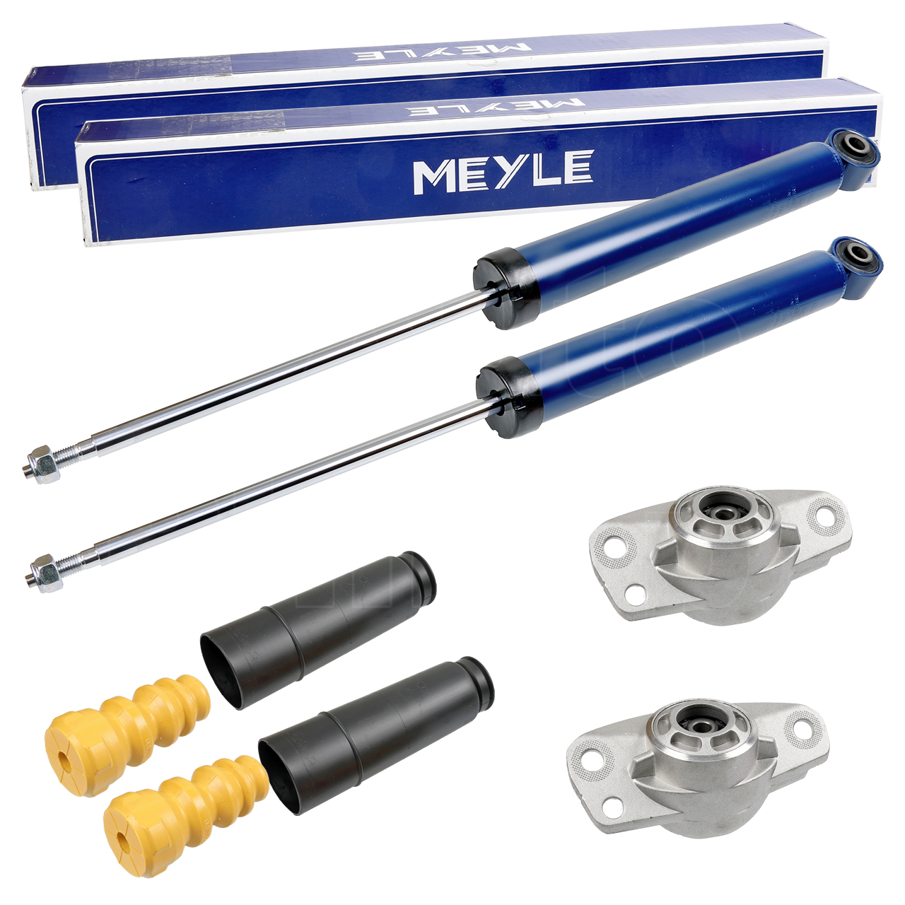 2x MEYLE Stoßdämpfer + Domlager + Service-Kit hinten für Standard Fahrwerk
