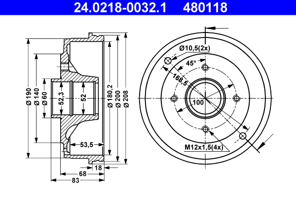 ATE 24.0218-0032.1 Bremstrommel