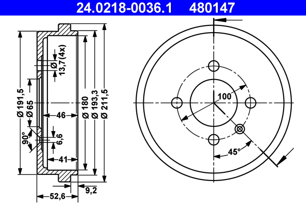 ATE 24.0218-0036.1 Bremstrommel